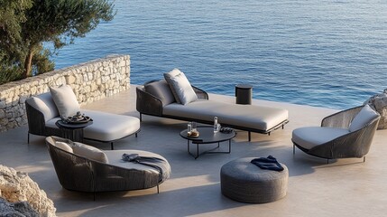 Elegant Outdoor Lounge Area with Coastal View for Ultimate Relaxation