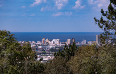 Povoa de Varzim, Portugal. High altitude view of the city and Atlantic ocean from hilltop with...