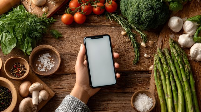 A hand holds a smartphone with a blank screen above fresh vegetables and herbs on a rustic wooden table perfect for recipe apps. - Powered by Adobe