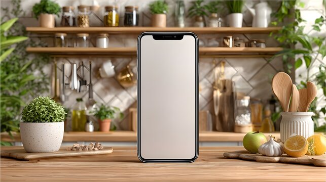 A modern smartphone with blank screen stands on kitchen counter showcasing cooking apps or recipe websites in a stylish home setting.