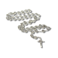 Saint Benedict rosary made with silver medals, displayed on a white background. A symbol of...