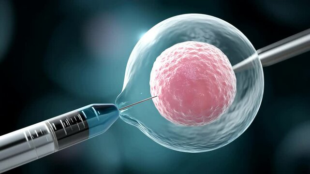 Microscopic view of embryo being injected with syringe during IVF treatment illustrating fertility assistance in laboratory setting.