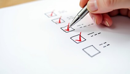 A clear of checkboxes with check marks red pencil and voting symbols for forms and surveys