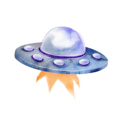 Blue UFO flying saucer with fire trail, hand-painted in watercolor.