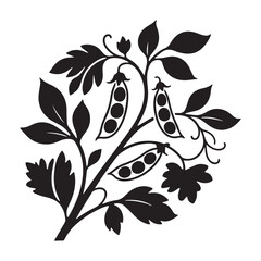 Black and White Floral Design with Pea Pods and Leaves  Silhouette on white background.
