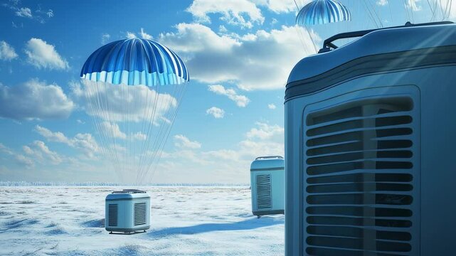 Futuristic air conditioner units arriving via parachute in a snowy landscape