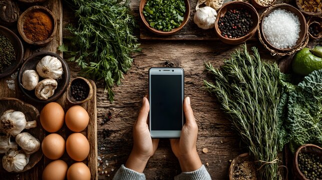A person holds a smartphone displaying a blank screen surrounded by fresh ingredients for cooking a healthy meal.