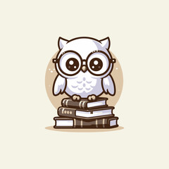Cute owl wearing glasses on stacked books background.