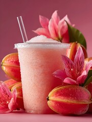 Refreshing pink star fruit smoothie in a clear plastic cup with a straw surrounded by pink flowers on a pink background.