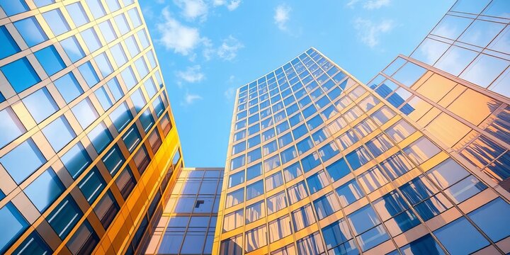 Golden skyscraper facade, blue sky reflected in modern glass windows, facade, blue