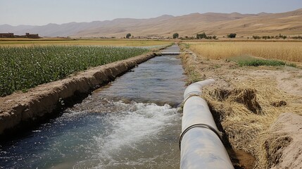 Idyllic Oasis, A Canal's Life-Giving Flow Amidst Fields and Mountains