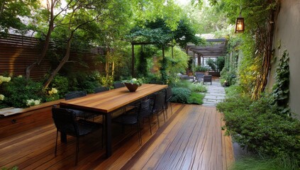 Obraz premium Outdoor dining area with garden landscape design