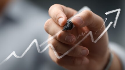A hand holding a marker drawing a growth arrow on a transparent whiteboard, symbolic of business success, simple and conceptual