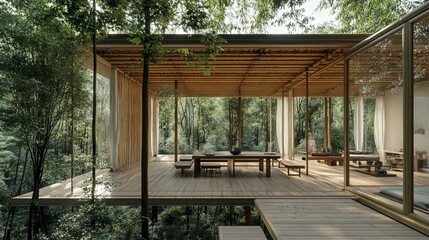 Architectural Harmony, A Modern Structure Nestled in a Tranquil Forest