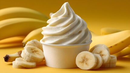 Creamy banana soft serve frozen yogurt in a white cup with fresh ripe yellow bananas and slices.