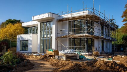 House under construction with scaffolding, clear day