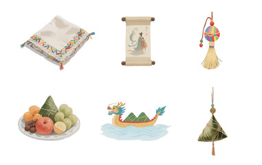 Vector watercolor Dragon Boat Festival customs and food, dragon boat racing, eating rice dumplings, giving gifts