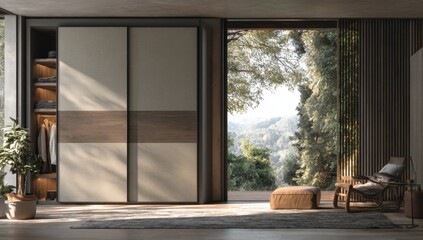 Bedroom interior with closet and nature view