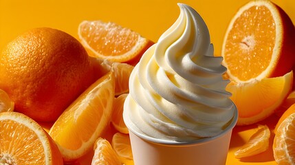 Creamy orange frozen yogurt dessert in a paper cup surrounded by fresh juicy orange slices on a vibrant yellow background.
