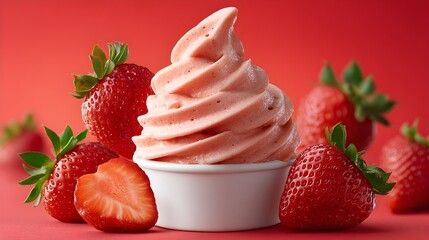 Delicious strawberry frozen yogurt swirl in a small white cup surrounded by fresh ripe strawberries on a red background.