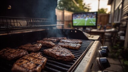 Grilling steaks with football game on TV