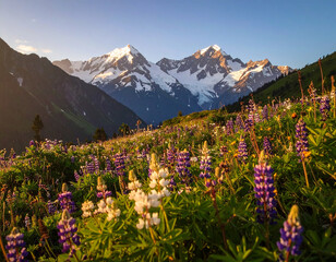 Fototapeta premium Lupine flowers bloom in a mountain meadow at sunset in summertime