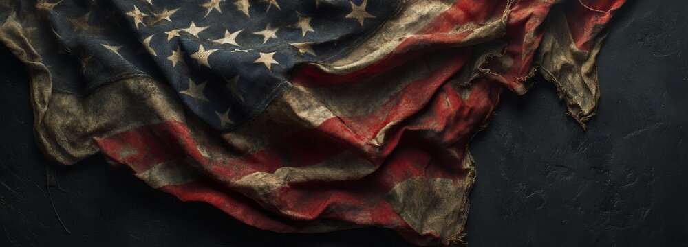 America United States Flag old dirty torn damaged On Black abstract concrete background and copy space
