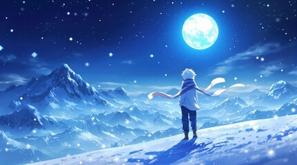 Obraz premium Serene Winter Night Boy Gazing at Majestic Moonlit Mountainscape