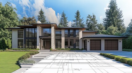 Sophisticated modern house design with landscaping and architectural plans
