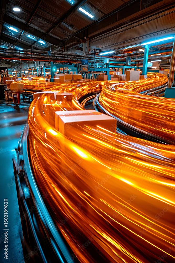 Aufkleber cardboard boxes creating bright orange light trails as they move at high speed on an automated conve