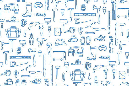 Building tools construction equipment simple seamless pattern. Repair finishing works. House construction industry trendy boundless background. Endless line design paper print fabric wrapper template