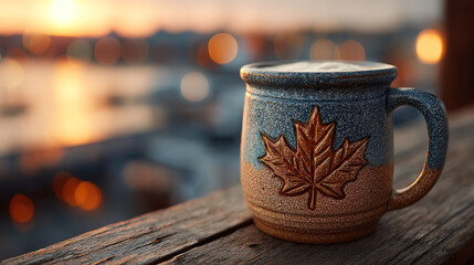 Maple leaf mug with frothy beer on rustic table, celebrating Canada Day with warmth and cheer