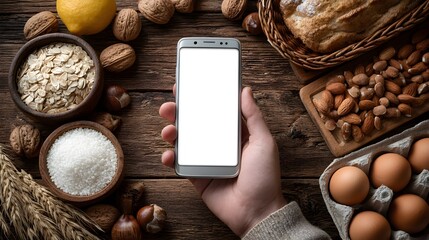 A hand holds a smartphone with a blank screen surrounded by healthy food ingredients like nuts, oats, eggs, and bread on a rustic wooden table.