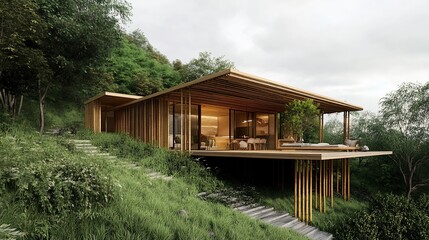 Serene mountain retreat, Modern bamboo house blending with lush greenery
