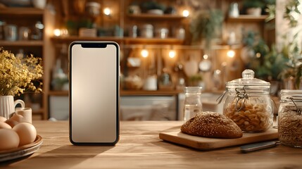 A modern smartphone with blank screen sits on a rustic kitchen counter amongst fresh bread and pantry items.