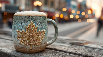 Maple leaf mug with frothy beer on rustic table, celebrating Canada Day with warmth and cheer