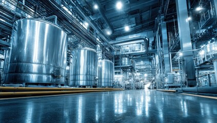 Obraz premium Industrial factory interior with tanks and pipes