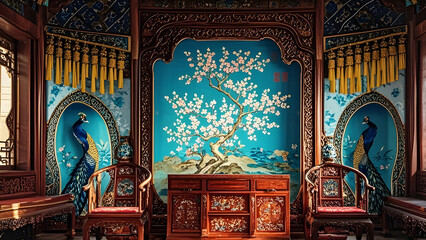 Traditional Chinese opera stage set with ornate redwood chairs, reflecting the elegant and solemn ambiance of classical theater
