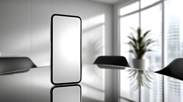 A modern smartphone with blank screen stands upright on a sleek glass table in a bright minimalist office.
