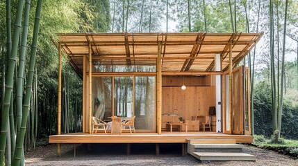 Eco-Friendly Bamboo House in Tranquil Forest Setting Showcasing Sustainable Design and Harmonious Integration with Nature