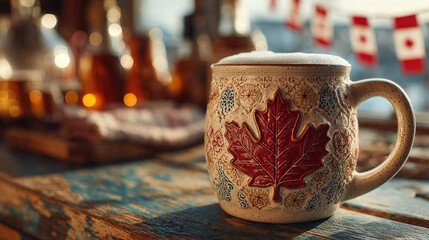 Maple leaf mug with frothy beer on rustic table, celebrating Canada Day with warmth and cheer