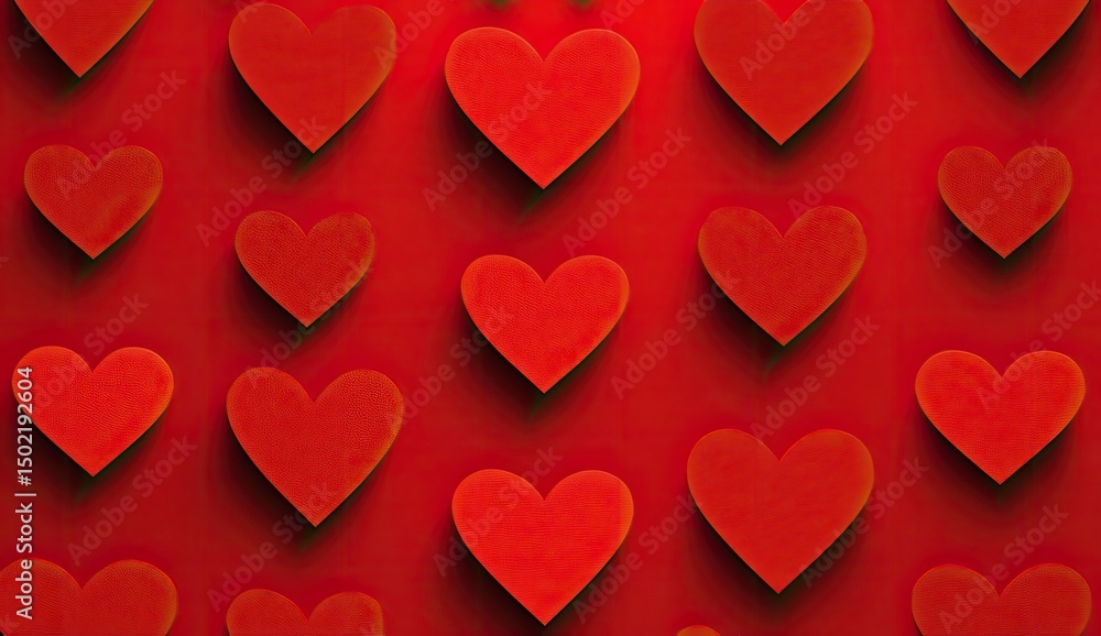 Poster a repeating pattern of red hearts on a red background. each heart has a slight shadow effect, giving