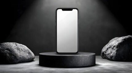 A sleek black smartphone with blank screen stands on a dark stone pedestal between two large rocks in a dramatic studio setting.