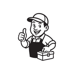 mascot of a serviceman carrying a toolbox