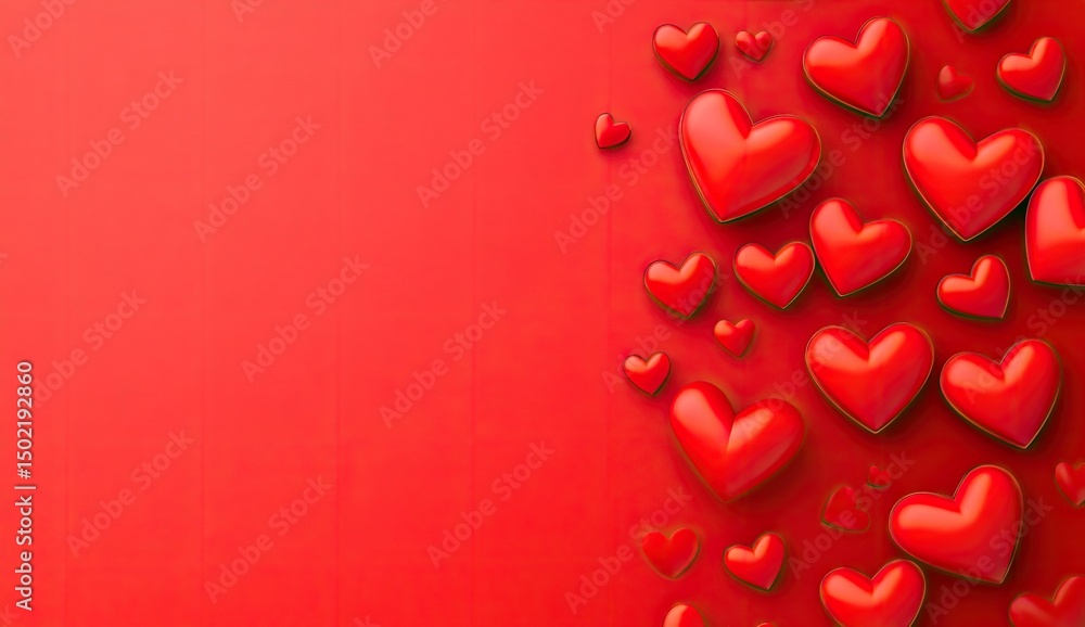 Poster red hearts arranged on a red background. many 3d hearts of varying sizes are clustered together on t