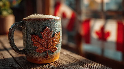 Maple leaf mug with frothy beer on rustic table, celebrating Canada Day with warmth and cheer