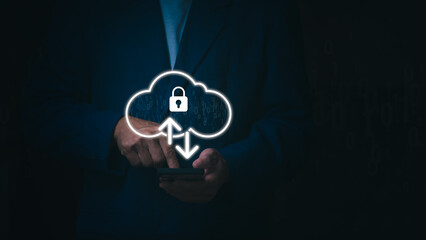 Fototapeta premium Person showing protection and encryption of password data used in the Internet world, digital transformation management concept Internet of Things, big data and business processes, automation