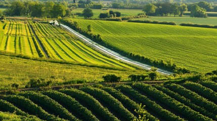 Aerial view of vast green agricultural fields with varying crops