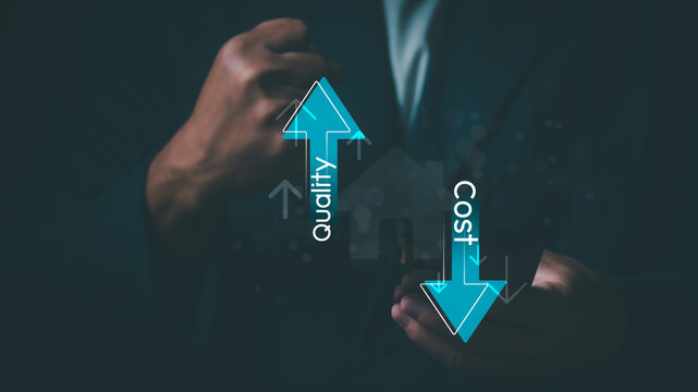 Quality control and cost management for management efficiency. Man is showing strategic planning interface and how to increase work efficiency, as well as information for decision making.