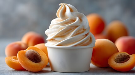 Creamy apricot soft serve ice cream in a white cup surrounded by fresh ripe apricots ready to eat.
